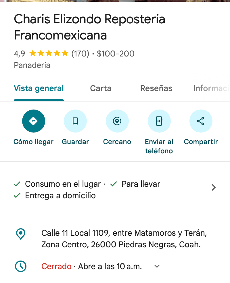 Perfil de Google de Charis Elizondo Repostería