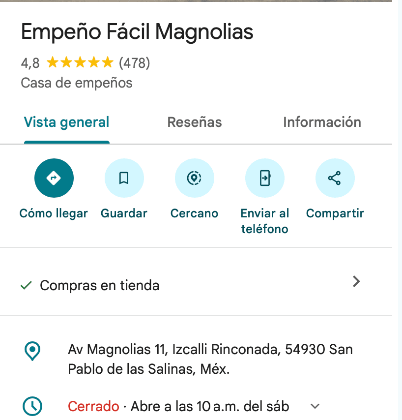 Perfil de Google de Empeño Fácil Magnolias