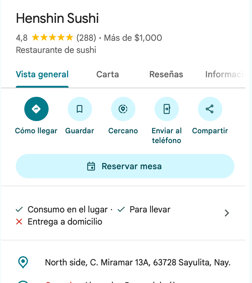 Perfil de Google de Henshin Sushi
