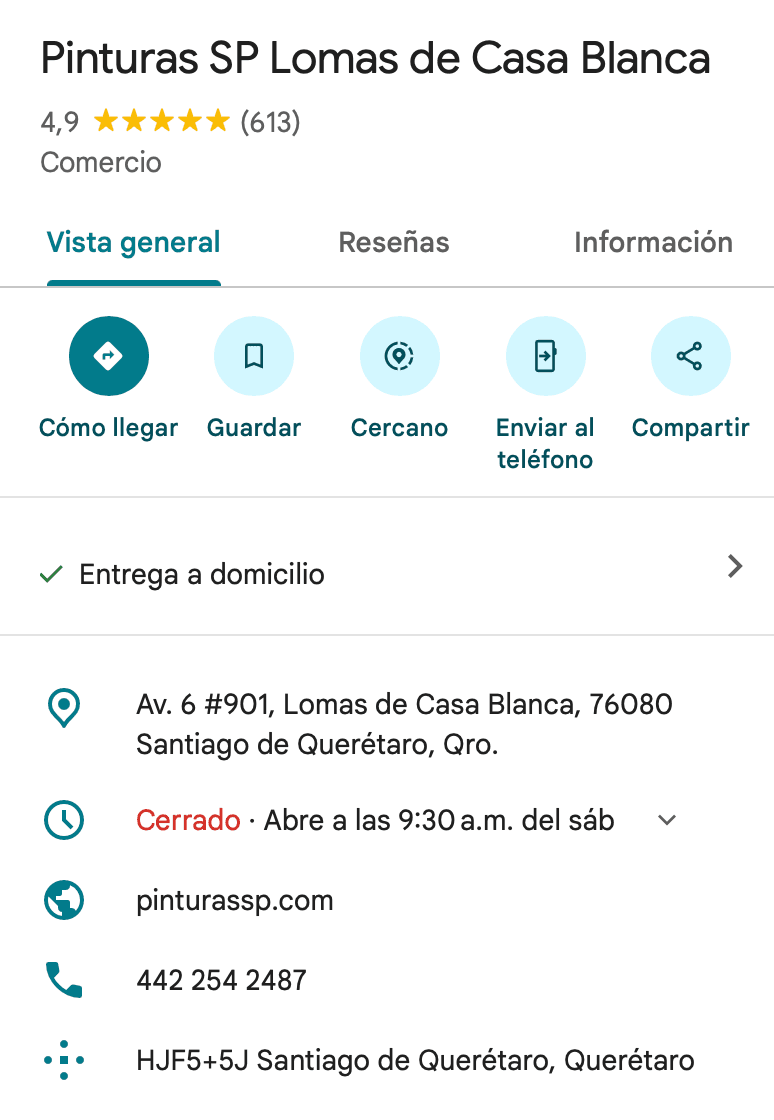 Perfil de Google de Pinturas SP
