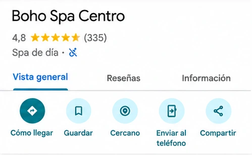 Ficha de Google Maps de Boho Spa Centro, 4.8 estrellas y 335 reseñas