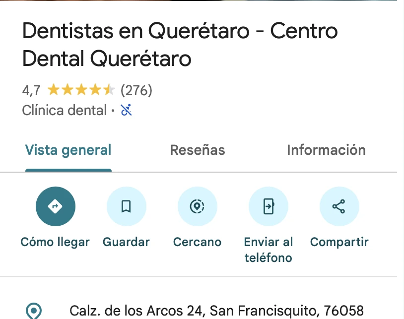 Ficha de Google Maps de Centro Dental Querétaro, 4.7 estrellas y 276 reseñas