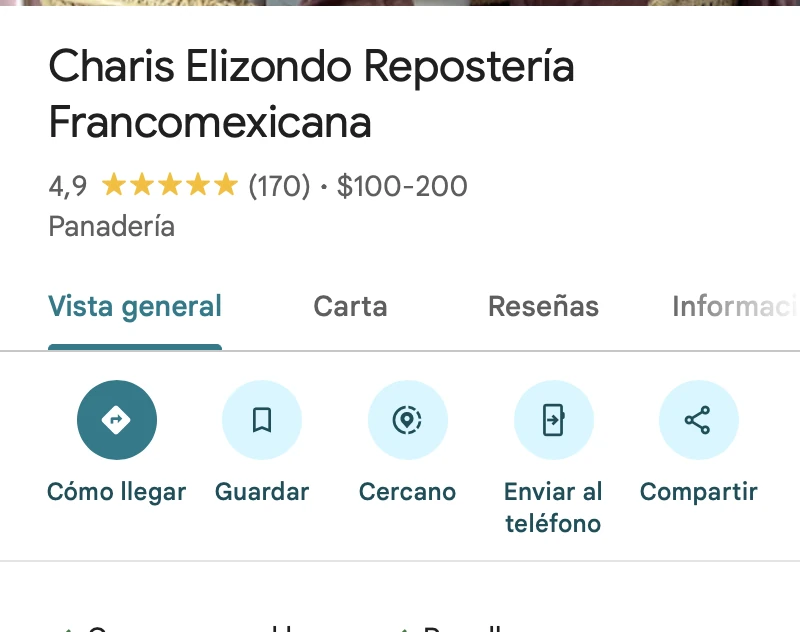Ficha de Google Maps de Charis Elizondo Repostería Francomexicana, 4.9 estrellas y 170 reseñas