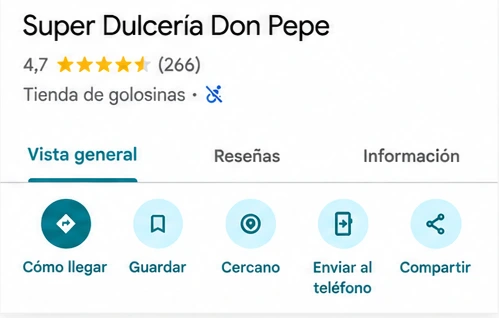 Ficha de Google Maps de Super Dulcería Don Pepe, 4.7 estrellas y 266 reseñas