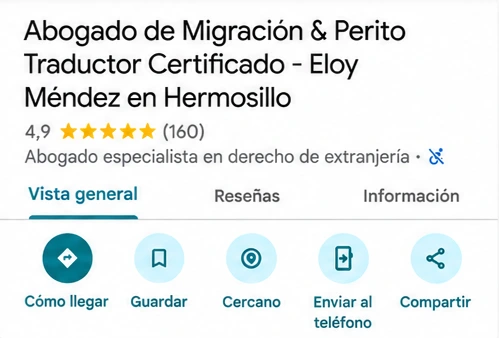 Ficha de Google Maps de Eloy Méndez · Abogado de Migración y Perito Traductor, 4.9 estrellas y 160 reseñas