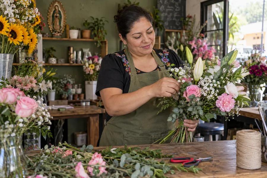 Emprendedora preparando un arreglo floral en su florería
