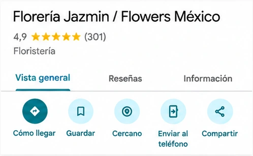 Ficha de Google Maps de Florería Jazmín / Flowers México, 4.9 estrellas y 301 reseñas