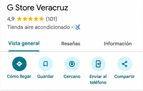 Ficha de Google Maps de G Store Veracruz, 4.9 estrellas y 101 reseñas