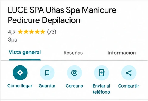 Ficha de Google Maps de LUCE SPA, 4.9 estrellas y 73 reseñas