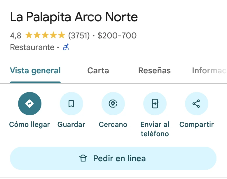Ficha de Google Maps de La Palapita Arco Norte, 4.8 estrellas y 3,751 reseñas