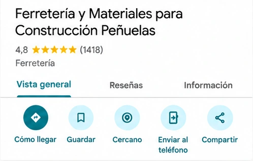 Ficha de Google Maps de Ferretería y Materiales para Construcción Peñuelas, 4.8 estrellas y 1,418 reseñas