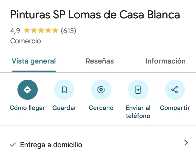 Ficha de Google Maps de Pinturas SP Lomas de Casa Blanca, 4.9 estrellas y 613 reseñas
