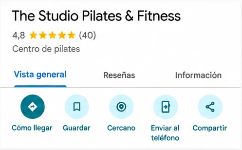 Ficha de Google Maps de The Studio Pilates & Fitness, 4.8 estrellas y 40 reseñas